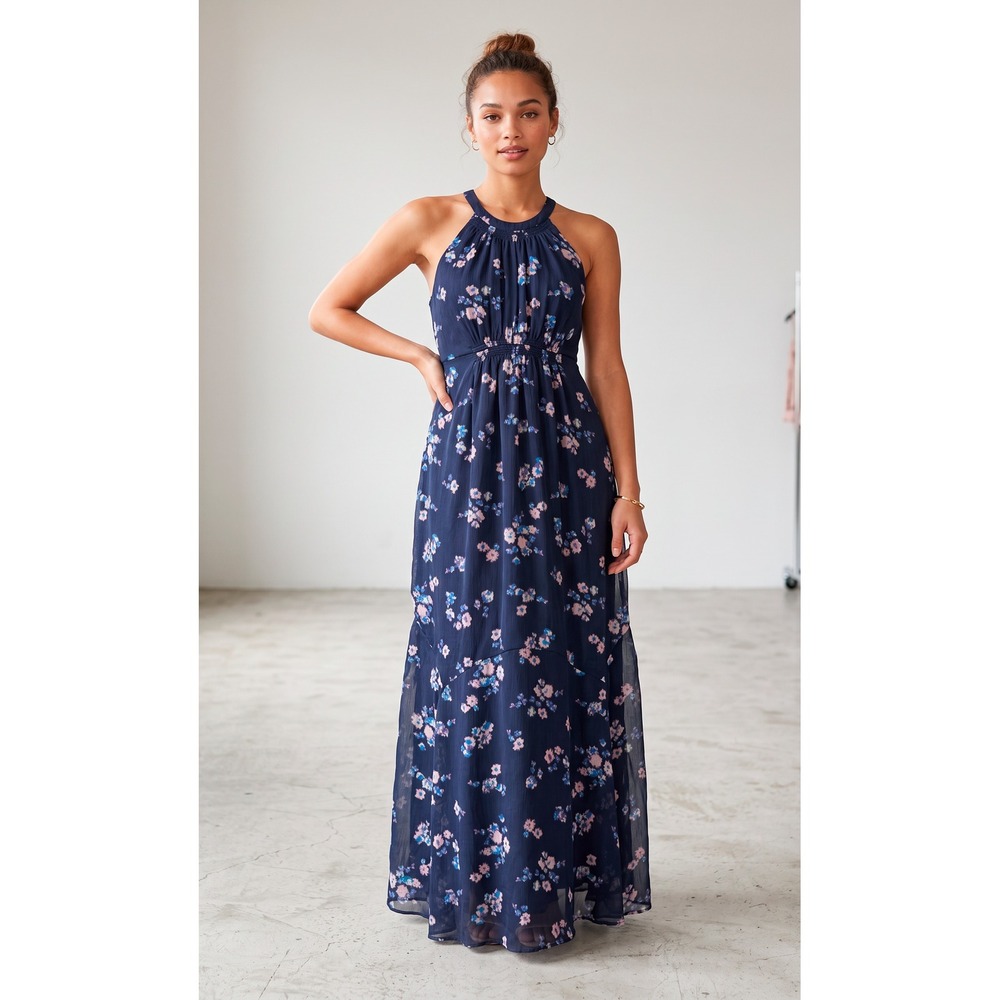 A Pea in the Pod Womens Maternity Maxi Dress Halter Floral Navy Blue Size S Boho